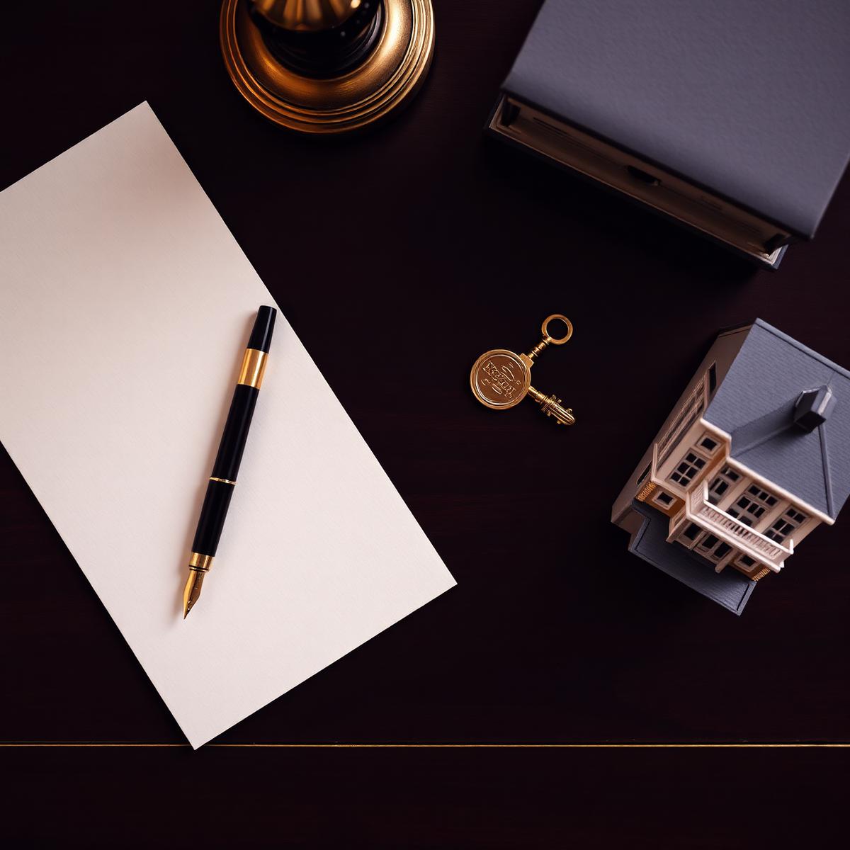Legal document, fountain pen, brass key and townhouse model