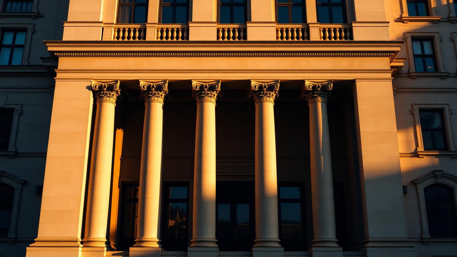 Classical European bank façade at golden hour — Kaplan Holdings EU presence